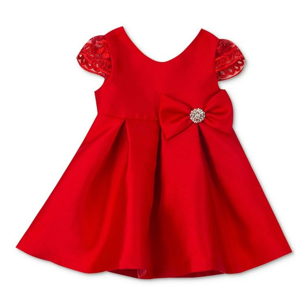 NEW 2 piece Rare Editions Baby Red Mikado Bow Holiday Dress, Size 12M 12